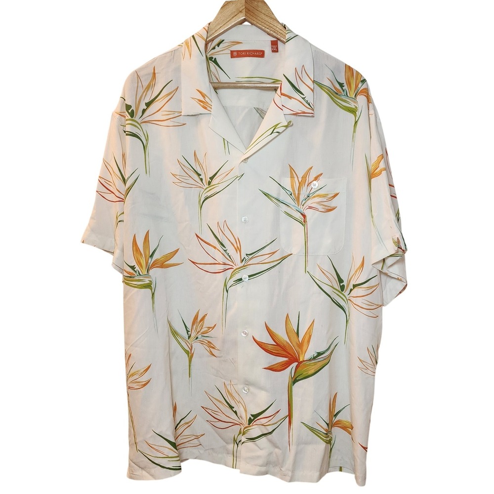 Tori Richard Hawaiian Shirt 2XL Cream Bird of Paradise Silk Lyocell Blend